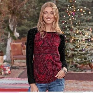 Sundance Black and Red Paisley Velvet Long Sleeve Top